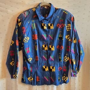 Vintage Ruff Hewn Blue Button Down Blouse w Jockey Silks Print 100% Cotton Sz 14